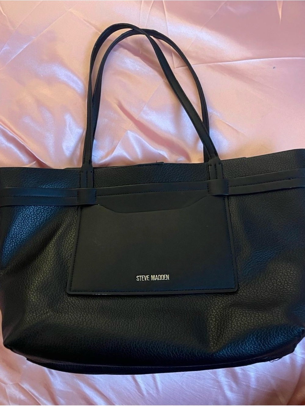Steve Madden Black Pebbled Leather Tote with Front Pocket